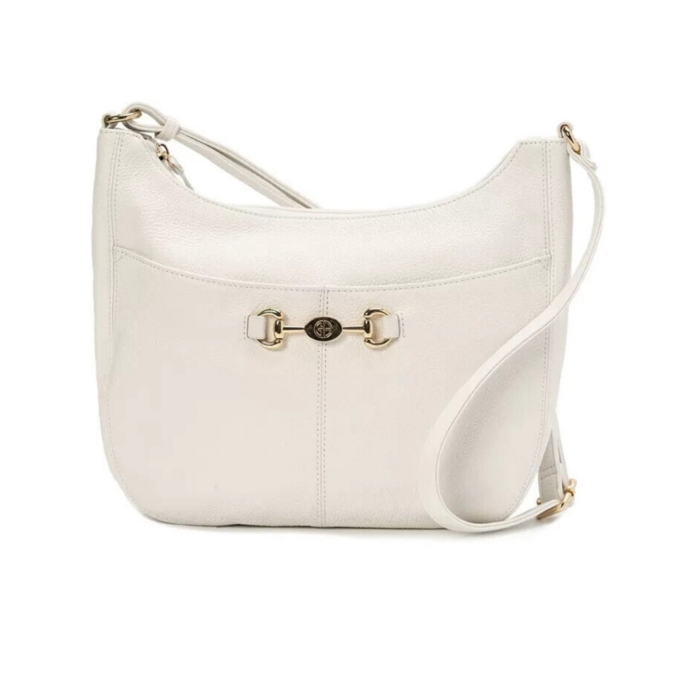 Giani Bernini Shoulder Bag Horsebit White Pebble Leather Hobo Gold Zip Top NWT